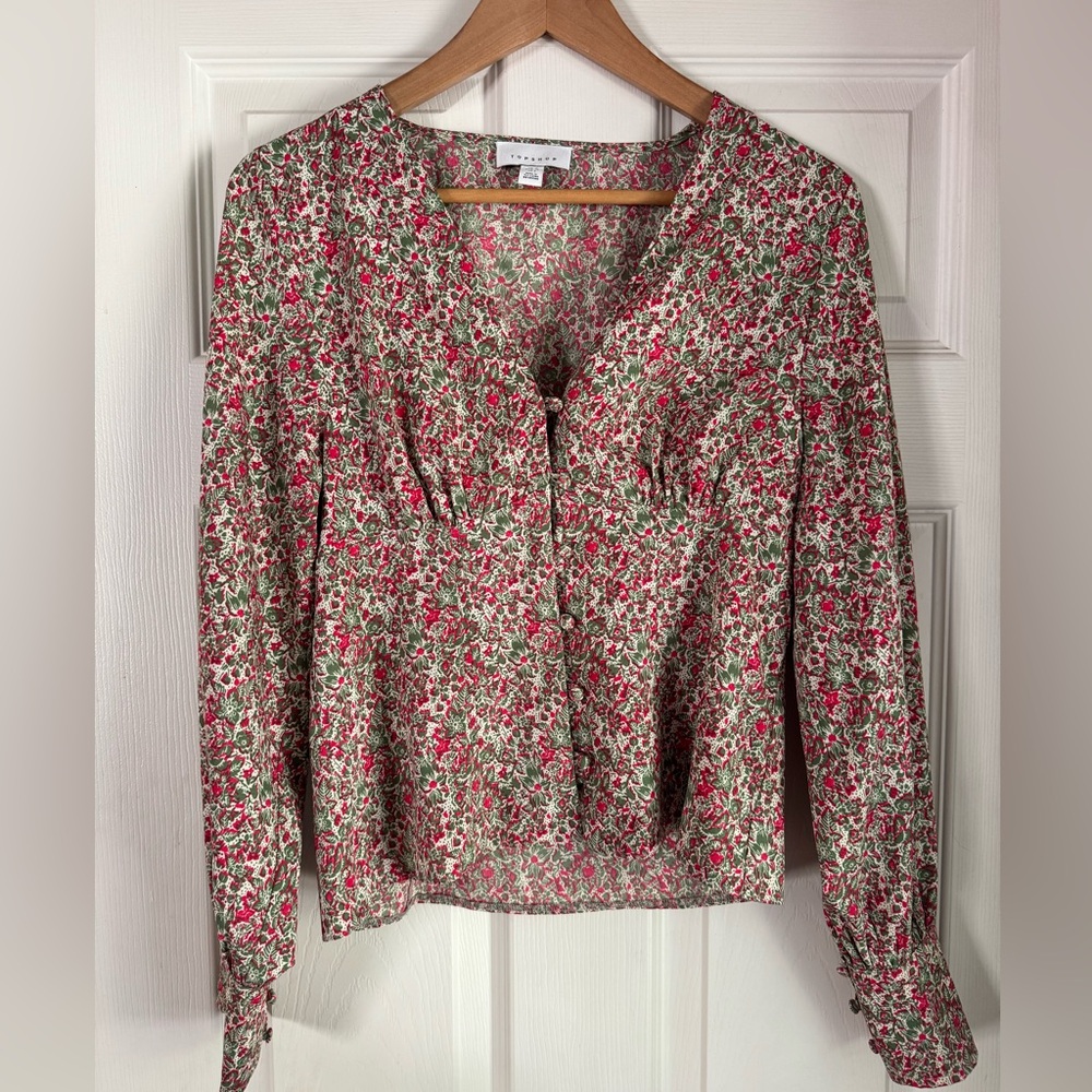 Topshop Red and White Puff Sleeve Blouse with Tie Front